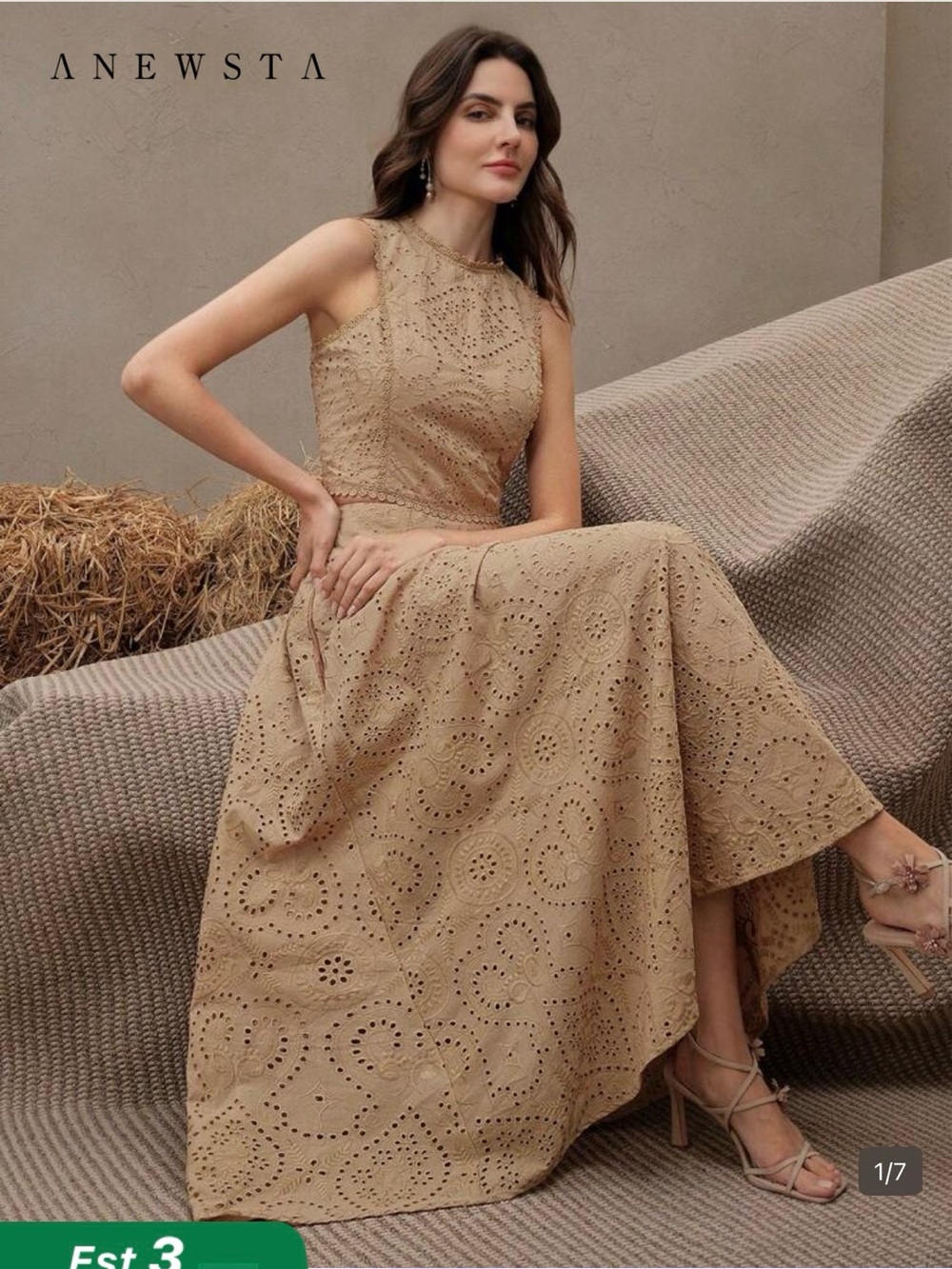 ANEWSTA Beige Eyelet Maxi Dress